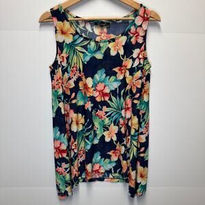 Lily Morgan Sleeveless Floral Blouse M Navy Multicolor Tropical Print Top